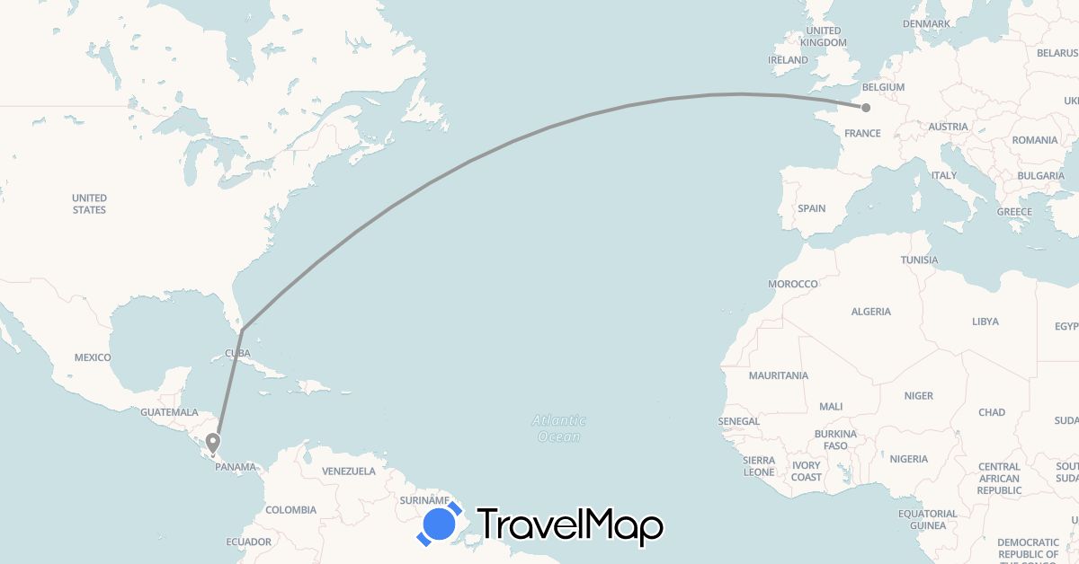TravelMap itinerary: plane in Costa Rica, France, United States (Europe, North America)